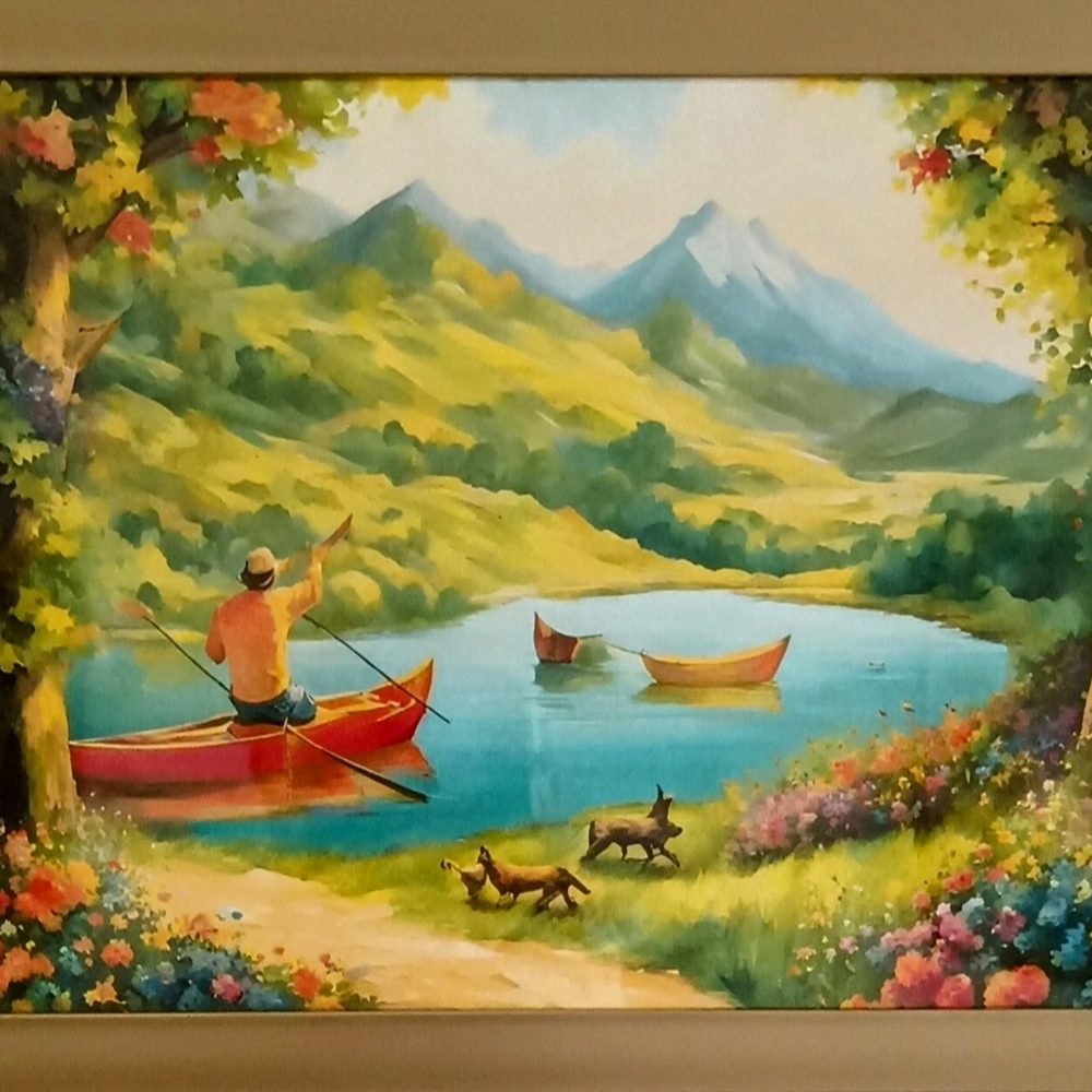 Scenic Landscape Art Print with Red Canoe